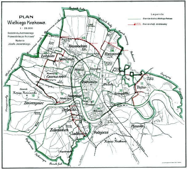 Mapy miast - Rok prawdopodobnie 1910, uproszczony plan Krakowa z w...zielnic i gmin okalających. Skan dość dobrej jakości..png